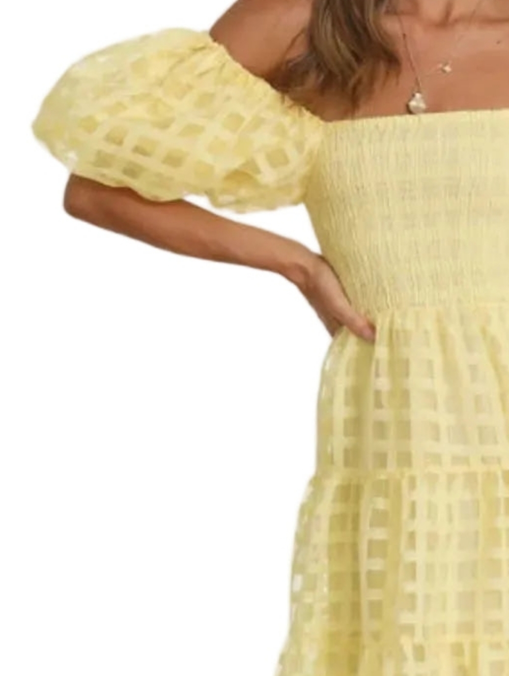 Off Shoulder Short Puff Sleeve Elastic Smocked Bodice Tiered A-line Midi Dress - Picture 3 of 14